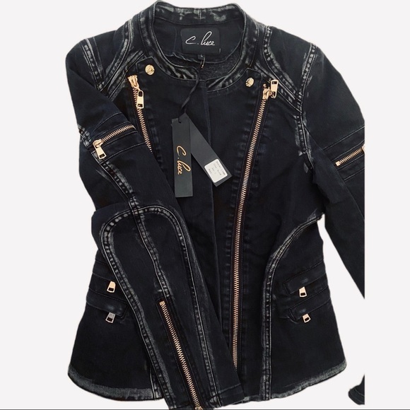 C. Luce Black Denim Jacket with Gold Zippers NWT - Picture 1 of 3